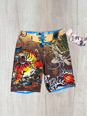 NWT Ron Jon Surf Shop Tiger Dragon Graphic Board Shorts Tattoo Style Swim 31